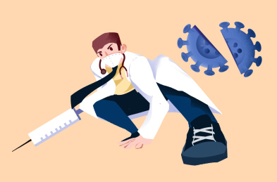  卡通手绘创意医生斩杀病毒插画