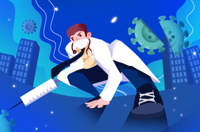  卡通手绘创意医生斩杀病毒插画