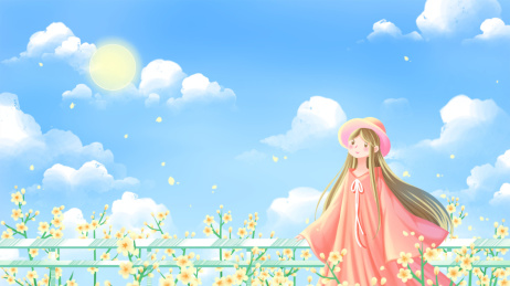 春季，女孩外出郊游赏油菜花，蓝色唯美插画