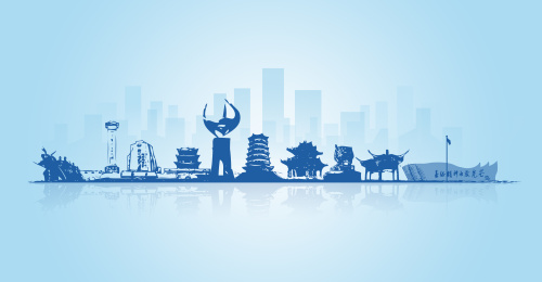 中国宁夏回族自治区固原市地标建筑剪影天际线