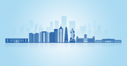 中国山西省吕梁市地标建筑天际线剪影背景