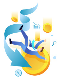 下降的箭头与坠落的男人和金币