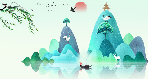 手绘中国风噪点蓝色山水节气插画