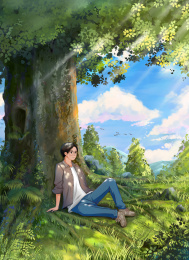 树荫下坐着乘凉的少年