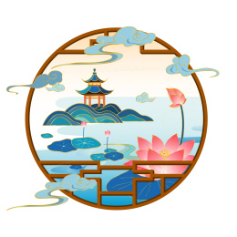 中国古典风窗户与江南荷塘