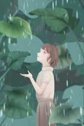 小女孩仰头望着夏天的雨