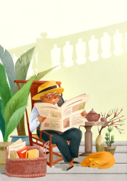 一位老爷爷坐着看报纸