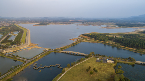 航拍江苏溧阳市社渚镇前宋水库湿地风光