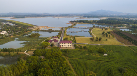 航拍江苏溧阳市社渚镇前宋水库湿地风光