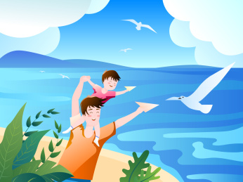 夏季的海边爸爸背着男孩玩耍