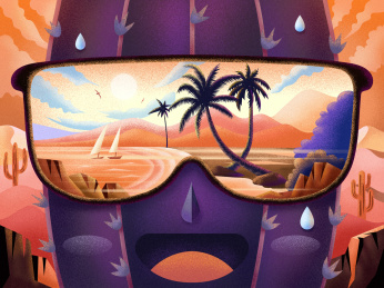 在炎热的沙漠进行遐想清凉沙滩的仙人掌插画