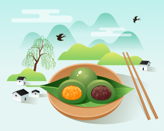 盘子里的青团与山边的房子和柳树