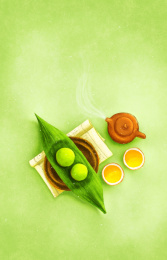 有青团粽叶书籍茶壶茶杯的清明节场景插画