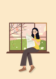 坐在窗户上看报纸学习的女孩