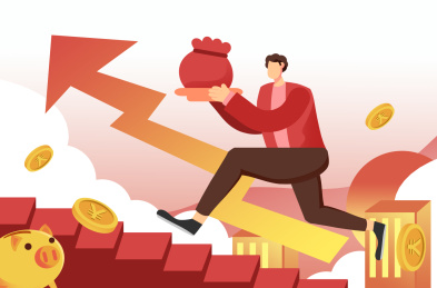 卡通手绘男子手拿金币奔跑投金猪插画