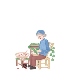 坐在竹椅上包粽子的老奶奶之端午节插画