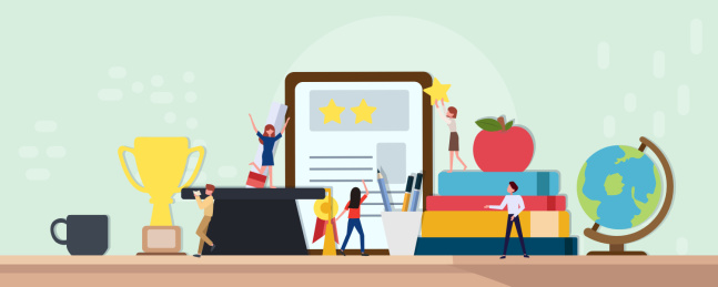 许多小人在桌面上的毕业证博士帽书本地球仪