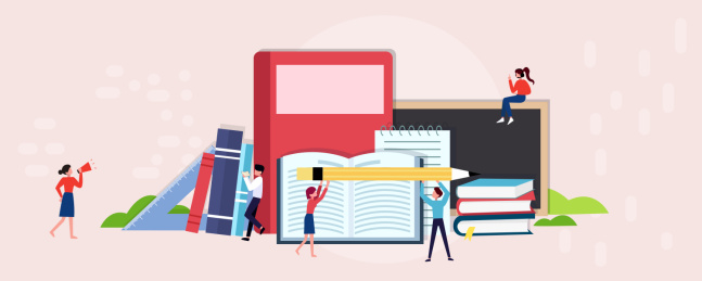 小人举着铅笔在书本黑板格尺前面