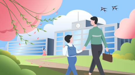 春天父母送孩子开学