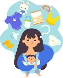 用腰凳抱着宝宝的妈妈对婴儿用品满头疑惑