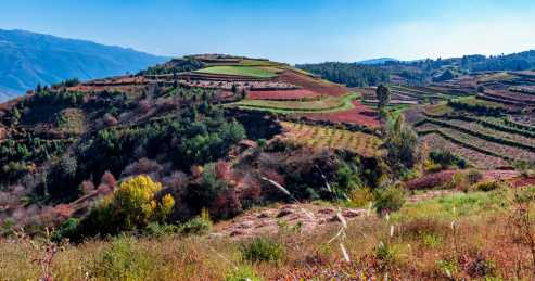 中国云南省昆明市东川红土地景区落霞沟风光