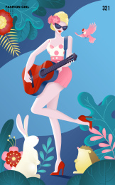 春天森林里戴着墨镜弹吉他的女人