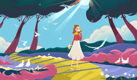 女孩提着花篮轻嗅花香鸽子在旁飞起横版插画