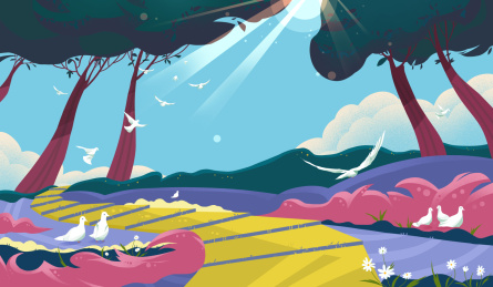 郊外盛开的野花和飞起的鸽子横版场景