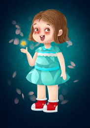 花瓣围绕手拿星星的小女孩