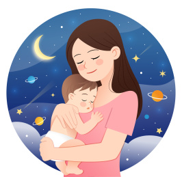 夜晚母亲抱着孩子在睡梦中
