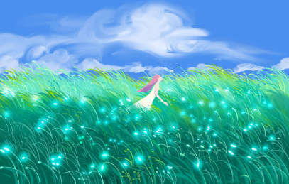 夏日草地里吹风的女孩