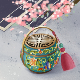 粉色花树下系着流苏的珐琅彩铜香炉