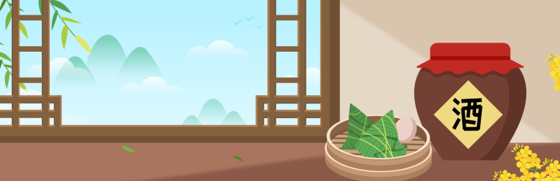 端午节粽子摆放在酒坛前桌面上的矢量插图