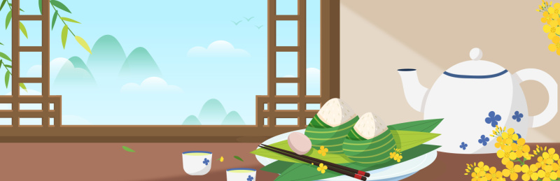 端午节粽子摆放在茶壶前桌面上的矢量插图