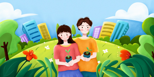 手拿着小树芽的男孩和女孩风景插画