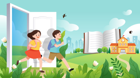 两个学生从一扇打开的门跑向户外和学校