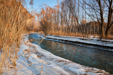 冬日山谷小溪流淌