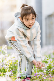 女孩蹲在开满二月蓝的草地上玩耍