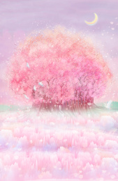 一棵茂盛的樱花树生长在山坡草坪上插画背景