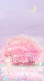 少女手捧着花，站在樱花树前看着风景插画