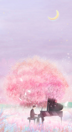 钢琴家在樱花树下弹钢琴插画背景