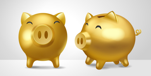 正面和侧面的金猪存钱罐