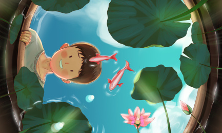 趴在鱼缸前看鱼的男孩