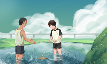两个在河里捞鱼的男孩
