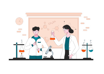 带着防护镜的老师和学生在化学实验室做实验