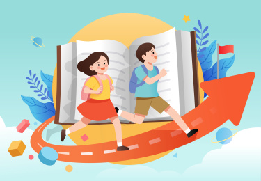 两个学生在箭头上奔跑和书本背景