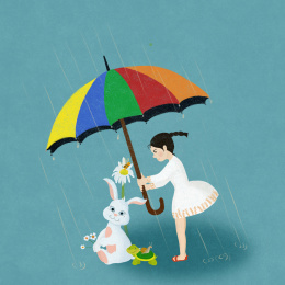 小女孩给小动物们撑雨伞