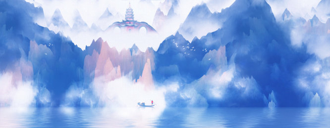  蓝色意境山水画