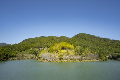 山脚下的一面湖水及湖边风景，中国上杭