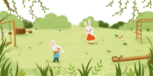 草地上玩耍的小老鼠和小兔子